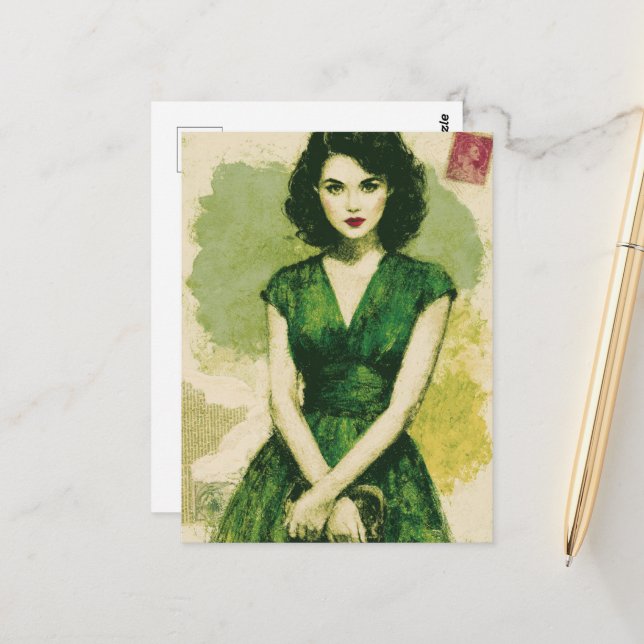 Postal Mujer Hermosa con el Vestido Verde (Anverso/Reverso In Situ)