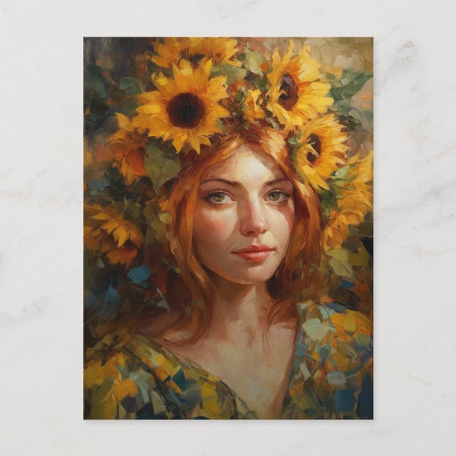 Postal Mujer hermosa con girasoles (Anverso)