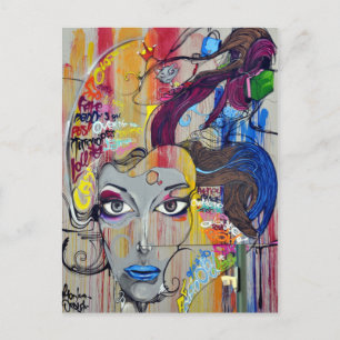 Postal Mujer hermosa con graffiti de labios azules