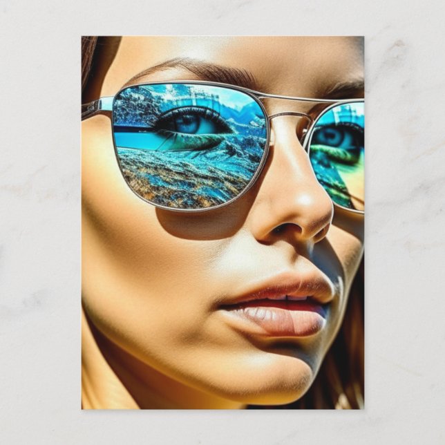 Postal Mujer Hermosa con Reflejo de Gafas de Sol de Playa (Anverso)