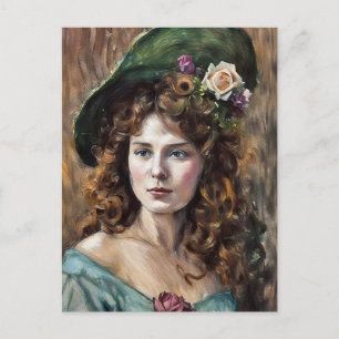 Postal Mujer hermosa con sombrero de flores dibujo de art