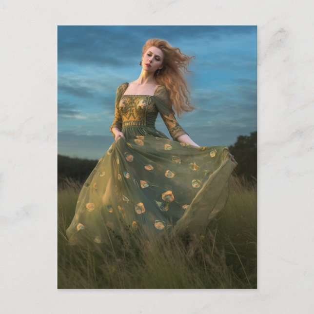 Postal Mujer hermosa con un vestido verde (Anverso)