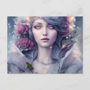 Postal Mujer Hermosa de Floral de Invierno y Nieve