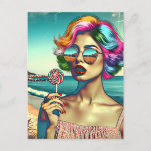 Postal Mujer Hermosa del Arte Pop Retro con Piruleta