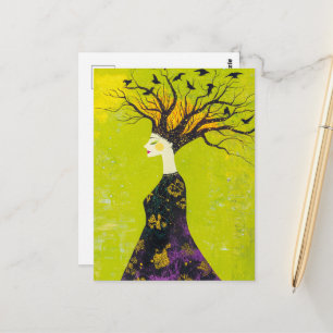 Postal Mujer hermosa del bosque y pájaros