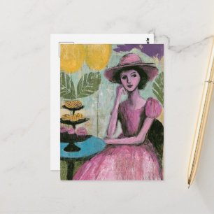 Postal Mujer Hermosa en la Mesa de Cupcakes