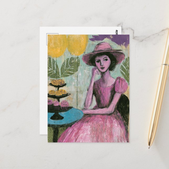 Postal Mujer Hermosa en la Mesa de Cupcakes (Anverso/Reverso In Situ)