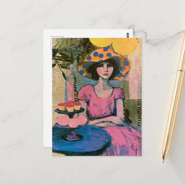 Postal Mujer Hermosa en la Mesa de Cupcakes Collage (Anverso/Reverso In Situ)