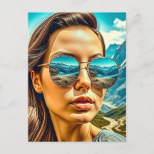 Mujer hermosa en la reflectosis de la montaña de g