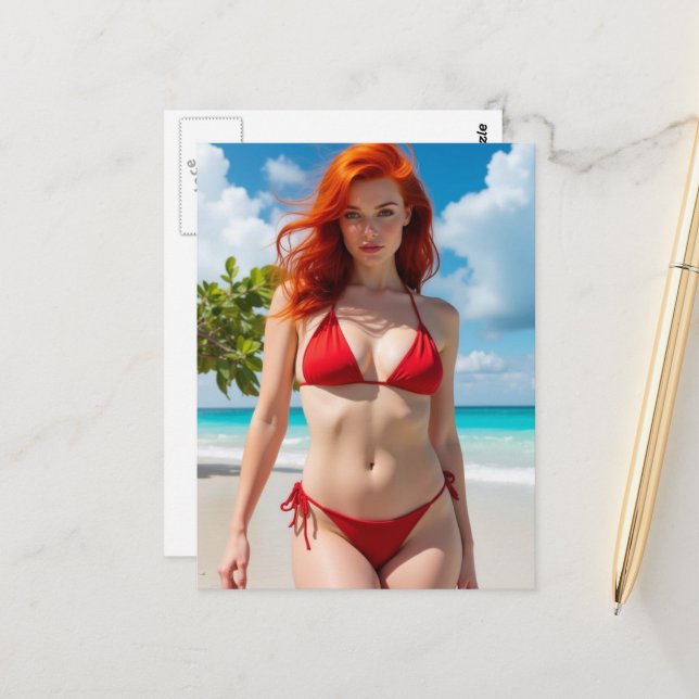 Postal Mujer Hermosa en un Bikini Rojo (Anverso/Reverso In Situ)