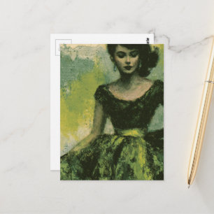 Postal Mujer Hermosa en Vestido Verde de los Años 50