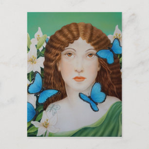 Postal Mujer hermosa enfrenta mariposa y flores