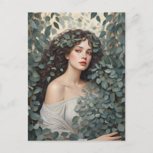 Postal Mujer hermosa entre las hojas de eucalipto