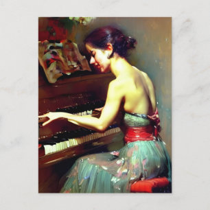Postal Mujer hermosa jugando a pintar piano