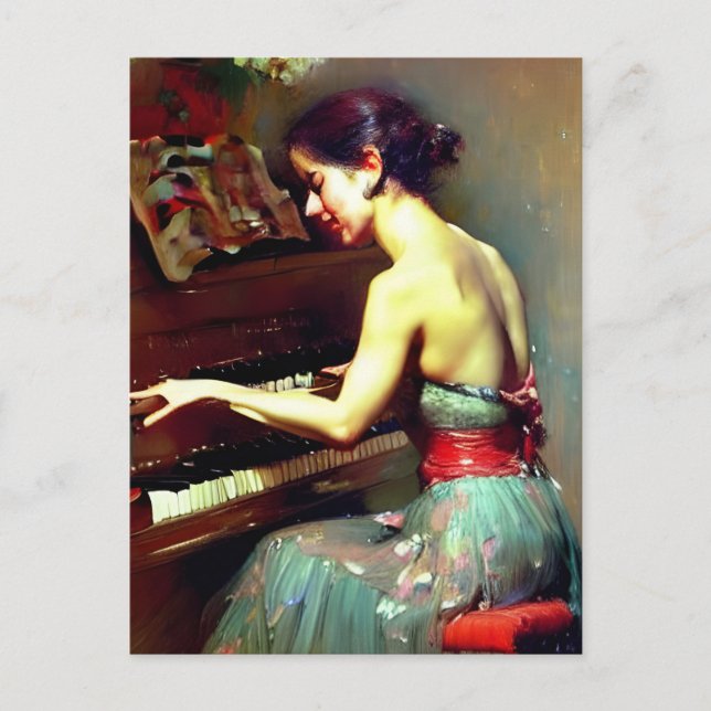 Postal Mujer hermosa jugando a pintar piano (Anverso)