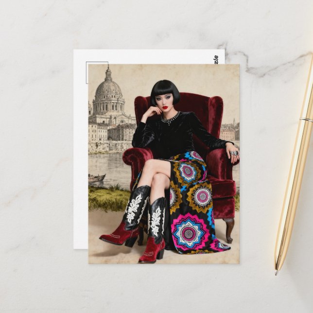 Postal Mujer Hermosa Sienta en una Silla Roja (Anverso/Reverso In Situ)