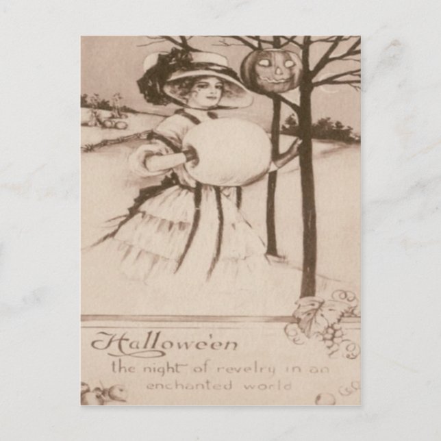 Postal Mujer Jack O' Lantern Calabaza Luna Creciente (Anverso)