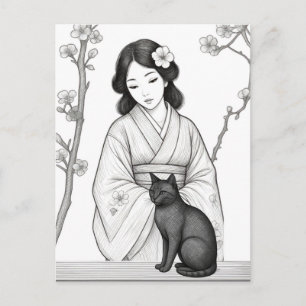 Postal Mujer Japonesa con Gato Negro