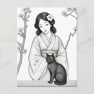 Postal Mujer Japonesa con Gato Negro