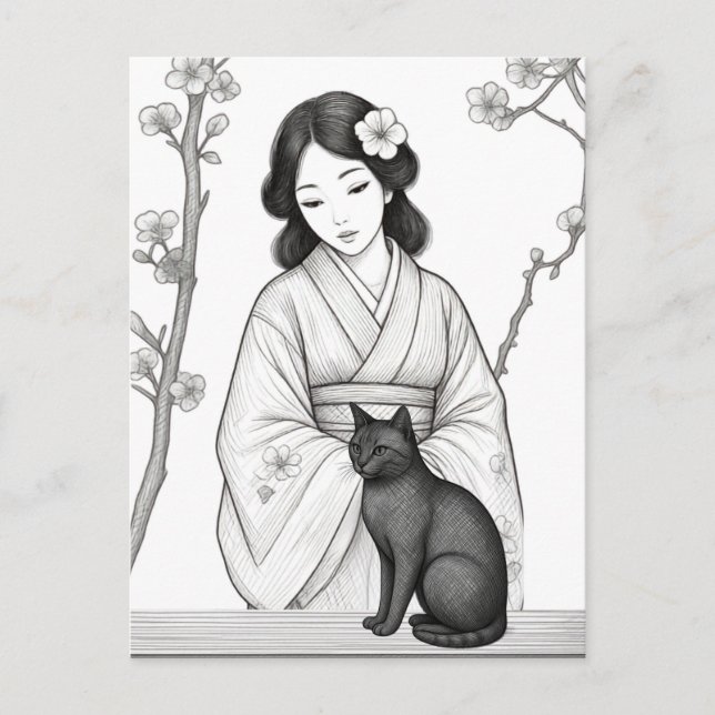 Postal Mujer Japonesa con Gato Negro (Anverso)