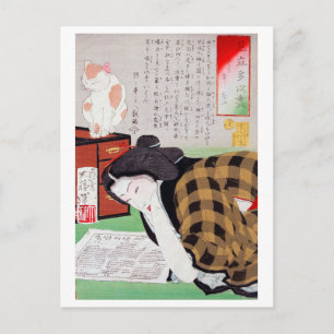 Postal Mujer japonesa con gato, Tsukioka Yoshitoshi
