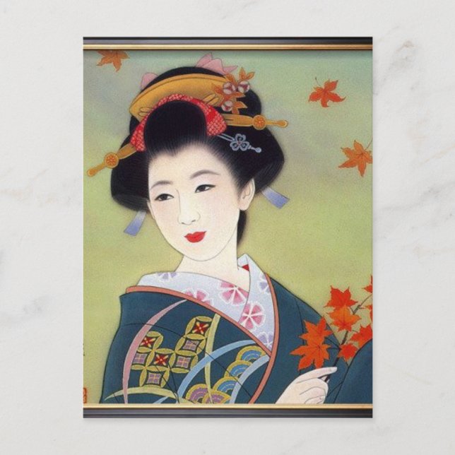 Postal Mujer japonesa en kimono azul (Anverso)