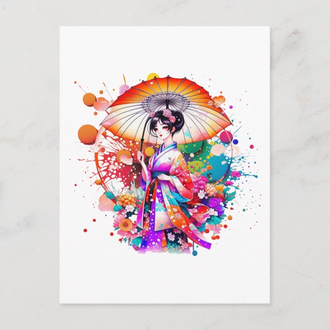 Postal Mujer japonesa hermosa en Kimono Parasol (Anverso)