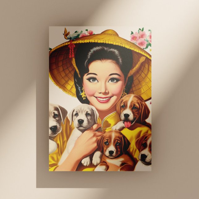 Postal Mujer Japonesa Vintage y Cachorros (Subido por el creador)