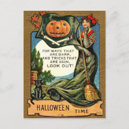 Postal Mujer joven bruja con escoba y calabaza, vintage