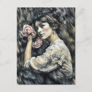 Postal Mujer joven con flores pintura artística al pastel