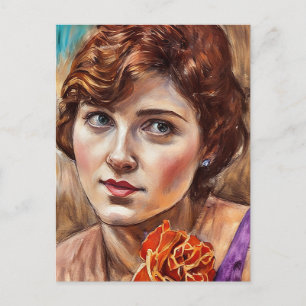 Postal Mujer joven con pintura de arte al pastel de rosa