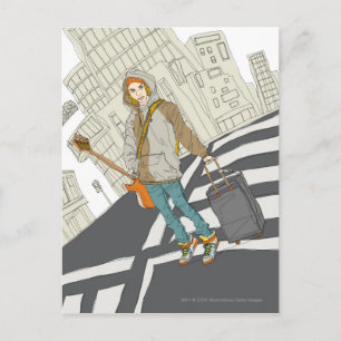 Postal Mujer joven parada en la calle con equipaje