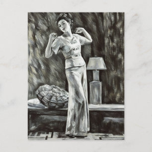 Postal Mujer joven posando en el dormitorio dibujo abstra