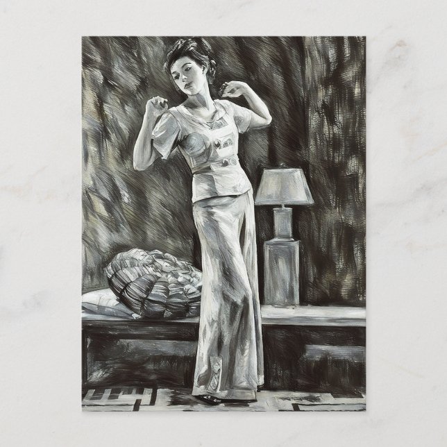 Postal Mujer joven posando en el dormitorio dibujo abstra (Anverso)