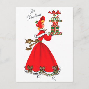 Postal Mujer joven vestida de rojo con regalos de Navidad