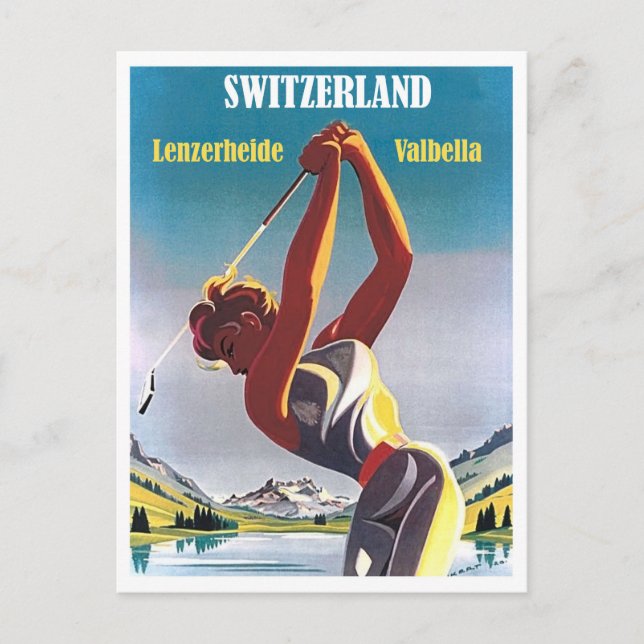 Postal Mujer jugando golf en Suiza, Lenzerheide, Valbella (Anverso)