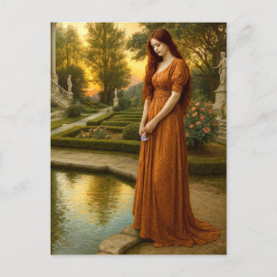 Postal Mujer junto al estanque del jardín al atardecer