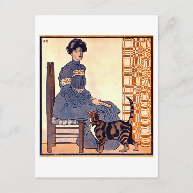 Postal Mujer leyendo con gato de Penfield (Anverso)
