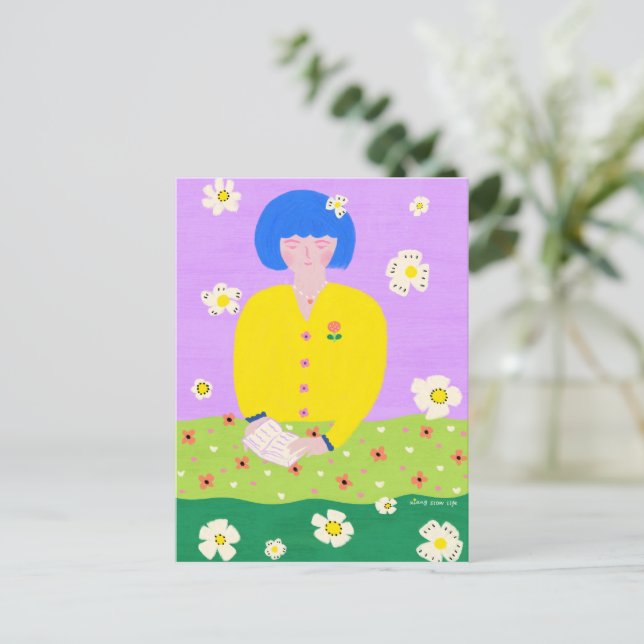 Postal Mujer leyendo en el jardín (Anverso de pie)