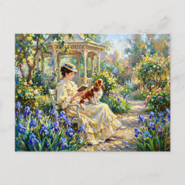 Postal Mujer leyendo en el jardín con Cavalier Spaniel