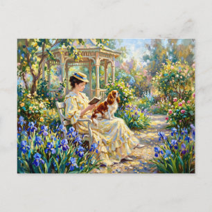 Postal Mujer leyendo en el jardín con Cavalier Spaniel
