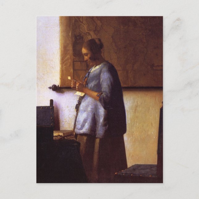 Postal Mujer leyendo una carta en azul (Anverso)
