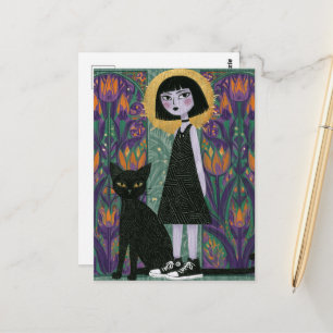 Postal Mujer linda con su gato negro
