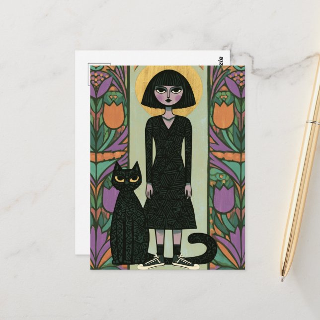 Postal Mujer linda con su gato negro de cola larga (Anverso/Reverso In Situ)