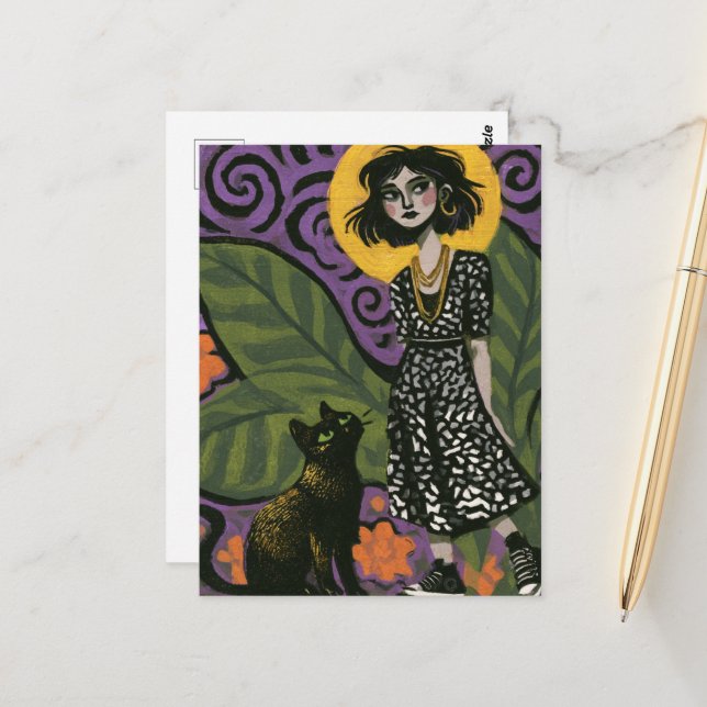Postal Mujer linda y su gato  (Anverso/Reverso In Situ)