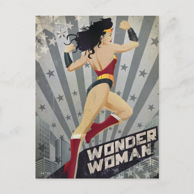 Postal Mujer maravilla retro ciudad Sunburst and Stars (Anverso)