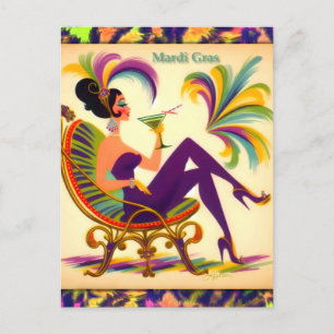 Postal Mujer Mardi Gras De Mediados Del Siglo Con Martini