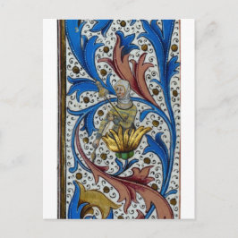 Postal Mujer medieval girando con espinilla y distaff