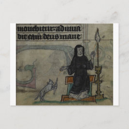 Postal Mujer medieval girando con gato
