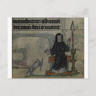 Postal Mujer medieval girando con gato